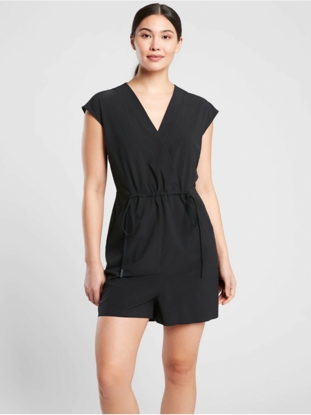 Athleta XS Black V-Neck Drawstring Romper